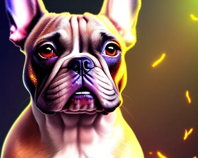 a detailed illustration of a french bulldog, phoenix bird wallpaper, luminescent body, full body, symmetrical body, realistic, glowing muscles, sharp focus, meticulously detailed, soft evening sky, 64k