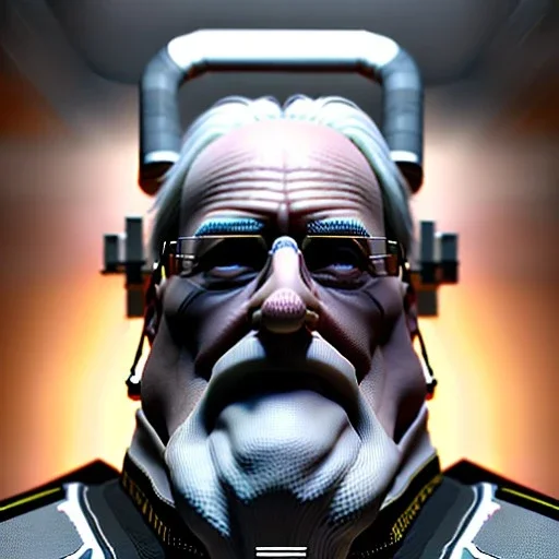 Cyber old man, grey hair, rounded face, army, white skin, leather, vibrant color, cyberpunk style, highly detailed, art stations, concept art, smooth, unreal engine 5, god rays, ray tracing, RTX, lumen lighting, ultra detail, volumetric lighting, 3d, finely drawn, high definition, high resolution, gradient background