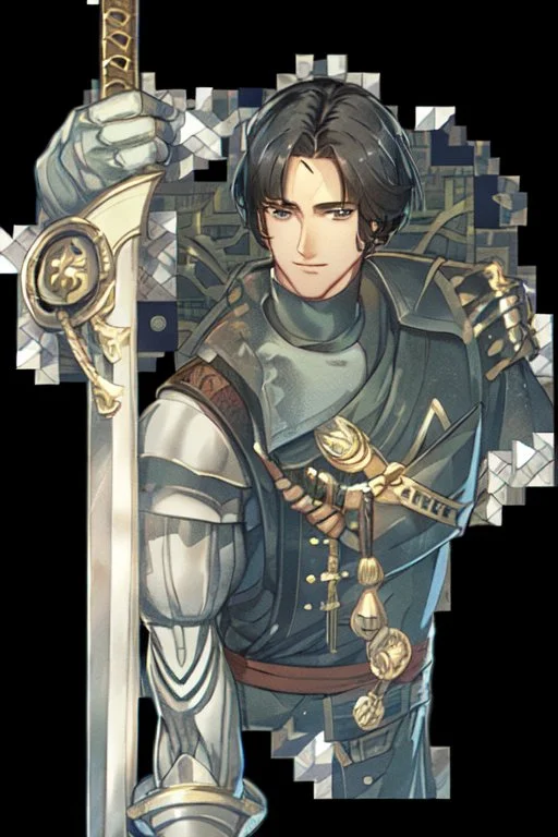 A handsome 30 year old knight, black hair, dark blue eyes, male bob haircut, in black-and-gold plate armor, golden katana in hands, no beard, european, portrait