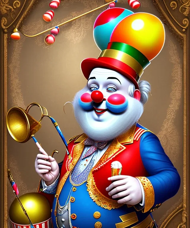 happy old friendly fat clown with round head and trimmed beard playing jazz with a steampunk theme, circus, realistic