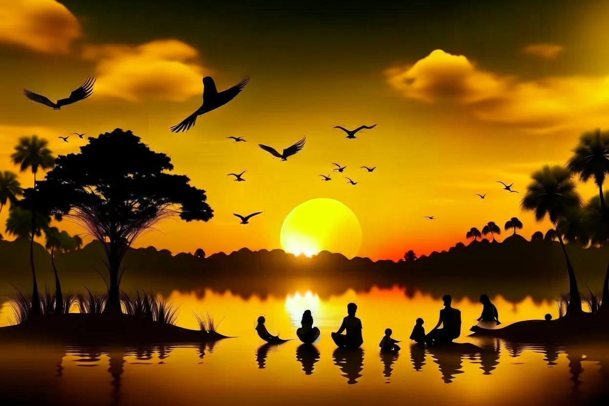 families sitting on a beach lagoon, birds in the sky, sunset, tropical forest