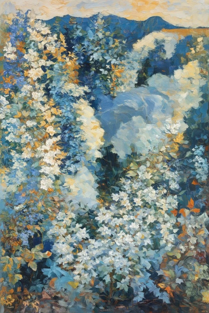 open, free, clear, bluish-white, flowing, smooth, bright, focused, and intense; Post-Impressionist painting inspired by Klimt and Hundertwasser; Golden Hour; Exquisitely Detailed; Foliage Palette