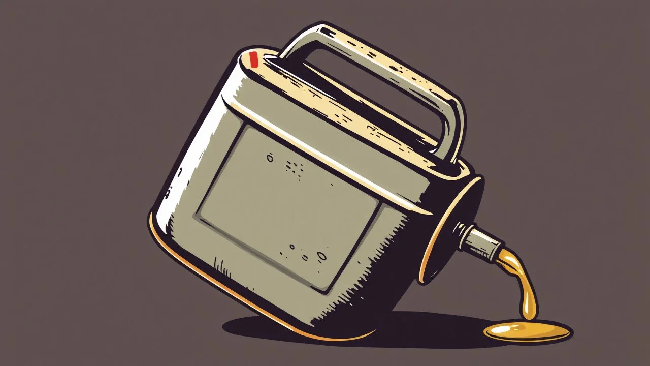 antique oil-can, tipped over slightly with a drip of oil at the end, vector logo