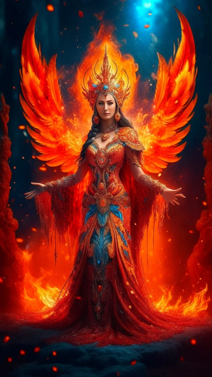 Full body wide-angle RAW photo, the fire queen wearing very luxurious and jewel-embellished clothes, fully covered, holding a fire shawl, opals and flower decorations, fractal wing texture, coming out of a burst of fire, winter scenery in the background, beautiful woman's face indonesia, high detail skin, phoenix, fire, 8k uhd, dslr, soft lighting, high quality, film grain