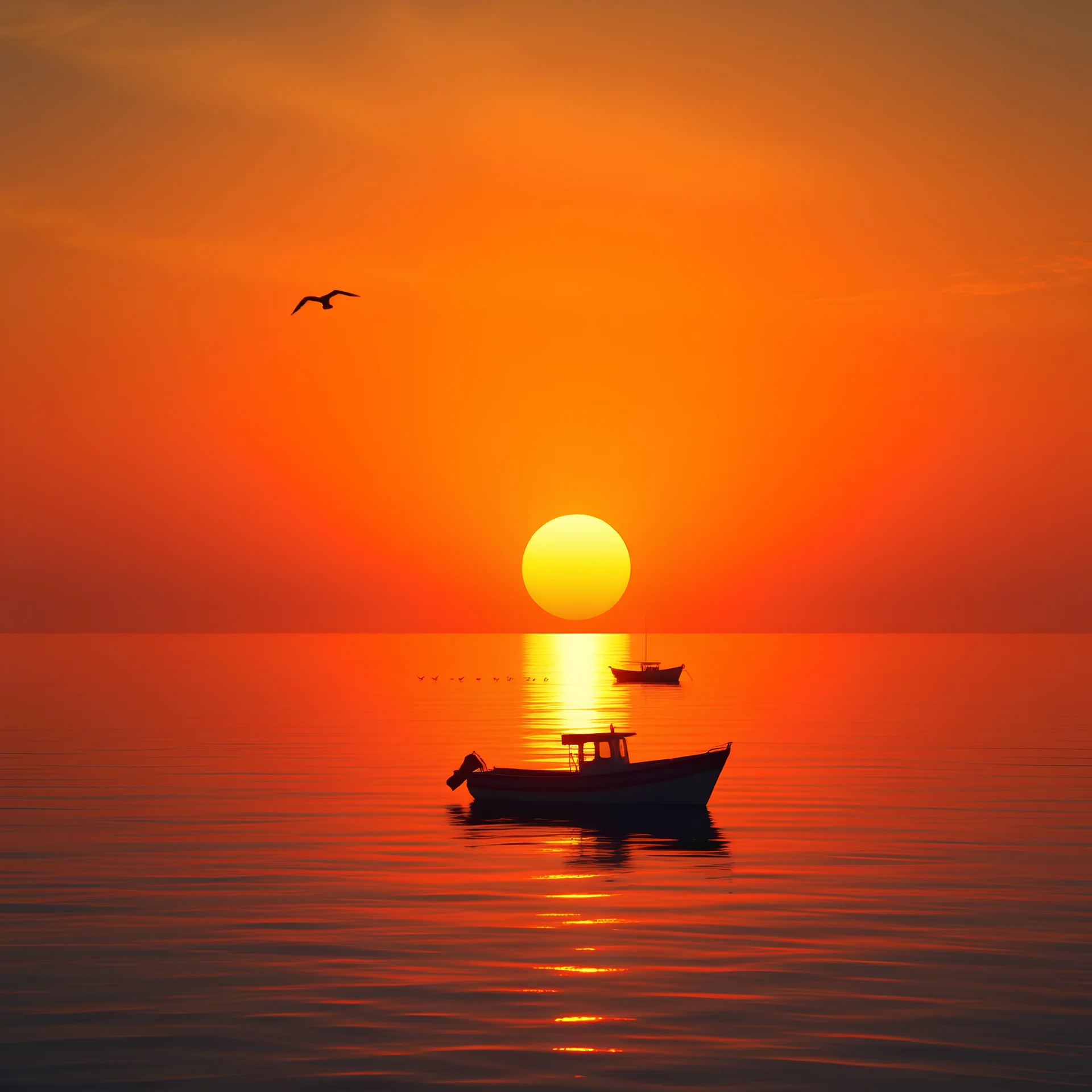 Create a breathtaking digital artwork of a vibrant orange sunset over a calm sea. The sun should be low on the horizon, casting a bright golden reflection across the water. Include a small, silhouetted fishing boat floating gently on the water, slightly off-center, with dark shadows emphasizing its shape. Birds should be flying in the sky and some on the water surface, adding to the serene atmosphere. The scene should convey a peaceful and tranquil evening, with the rich orange and yellow tones