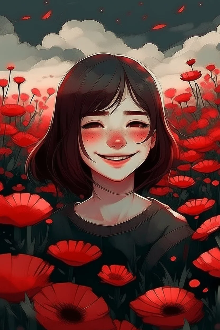 an illustration of a beautiful girl smiling face with a field with red flowers cloudy in dark aesthetic