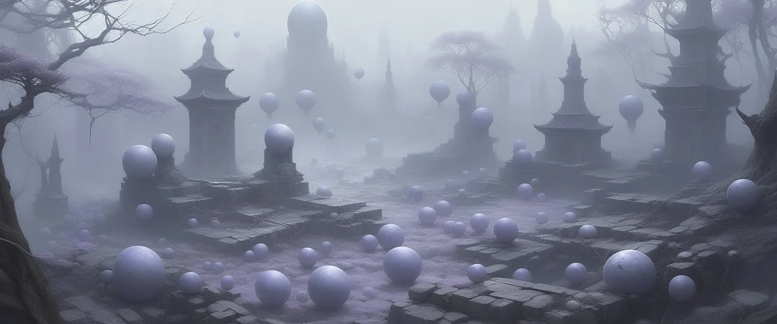 A pale grayish purple graveyard with floating orbs painted by Zhang Lu