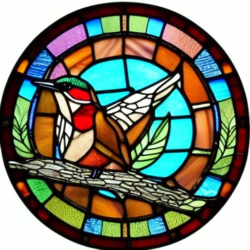 round coaster of kingfisher with stained glass window effect, highly detailed, intricate, warm colors, stained glass window