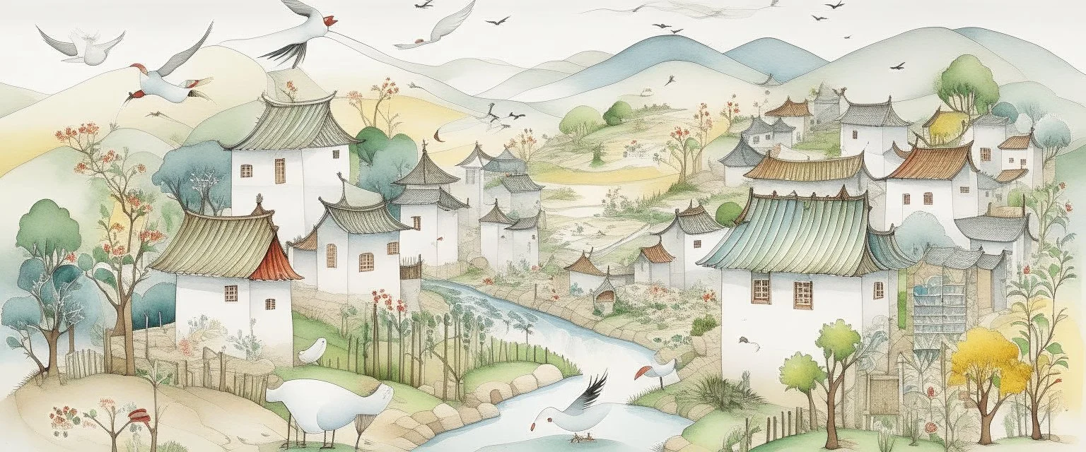 A white village with windmills and birds painted by Qiu Ying