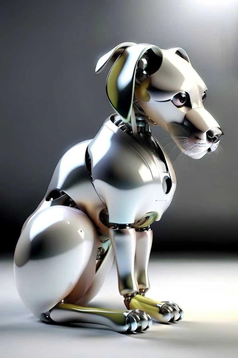 A robotic dog with an Apple logo called “iBots”, suggesting it’s made from an Apple product’s casing. Its glossy white and silver limbs are mechanically jointed, reflecting a scarabet’s anatomy. The design is a creative fusion of technology and organic form, compactly labeled “ibots.” Hyper detailled, hyper realistic, 4K, sharp render