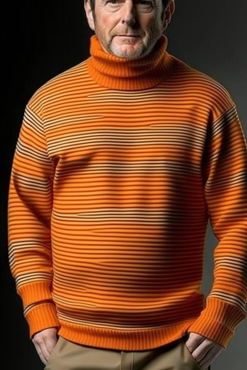 Man's large and long orange jumper with beige stripes and a volumous neck collar