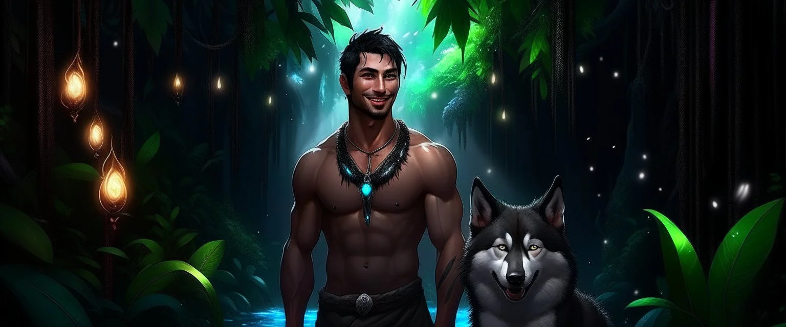 Hyper Realistic handsome shirtless muscular short black hair young king smiling & standing with his black husky in a dark mystical jungle at night with fireflies & colorful crystals