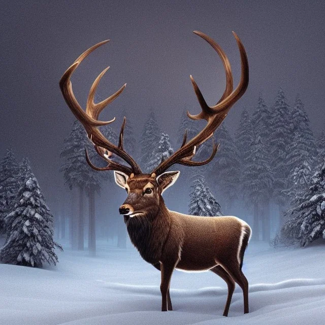 the most stunning, beautiful stag with intricate horns in a winter landscape, high-quality, ultrafine-detail, flickering light, fog, 8k resolution, 3d octane render, digital art, detailed matte, close up, George Grie, Anne Dittman, Anne Stokes, Lisa Parker, Selina French