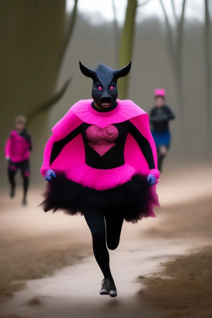 batman adult wearing a bright pink tutu, running away from wild boars.