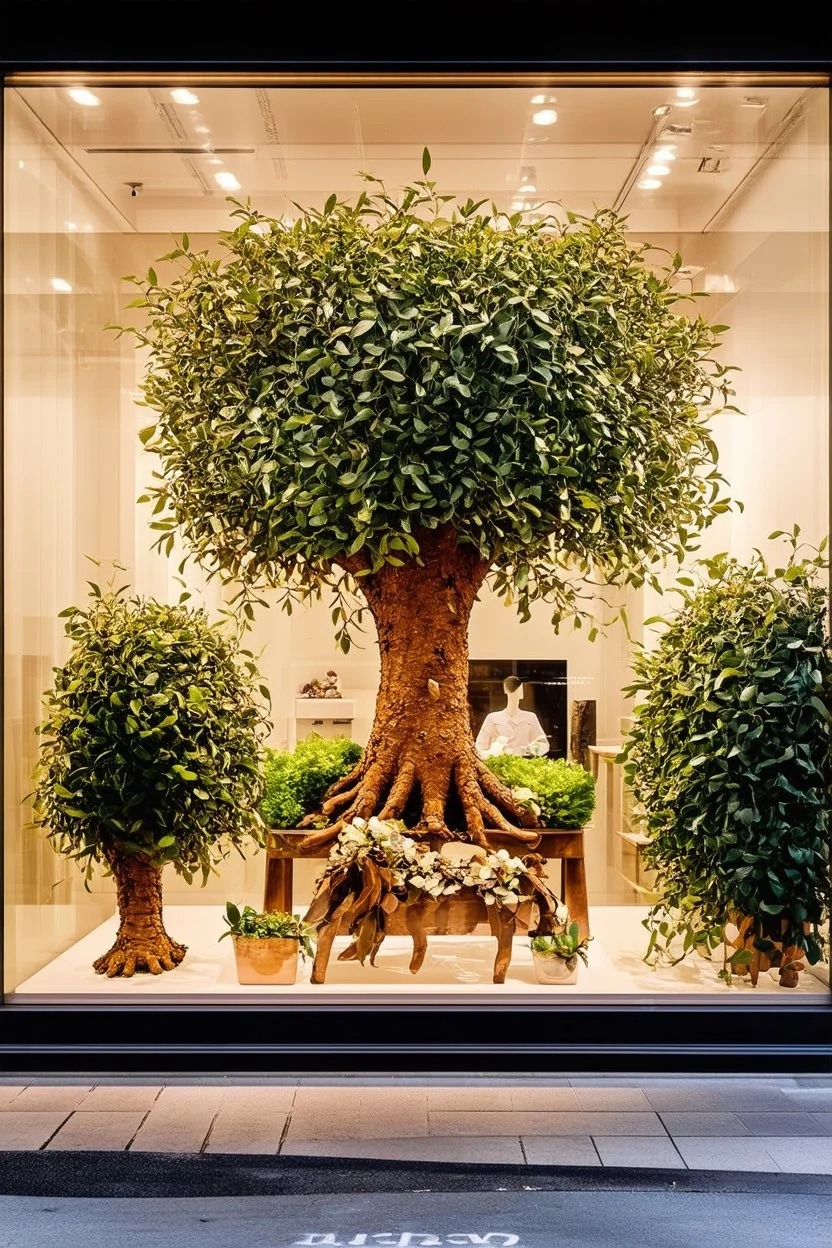 an eucalyptus tree-themed retail window display