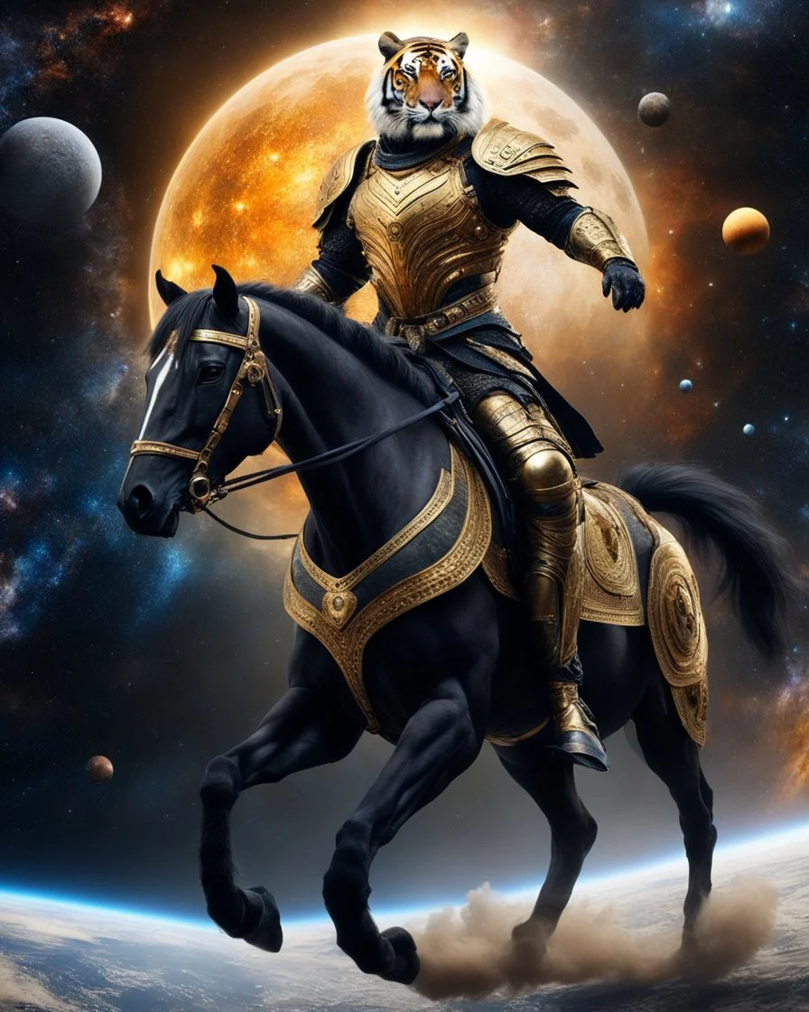 Realistic photography take photoshoot from far,front view of a humanoid warrior tiger wearing clothing armor golden ,on riding a black horse , flying in space, on galaxy surrounded by planets