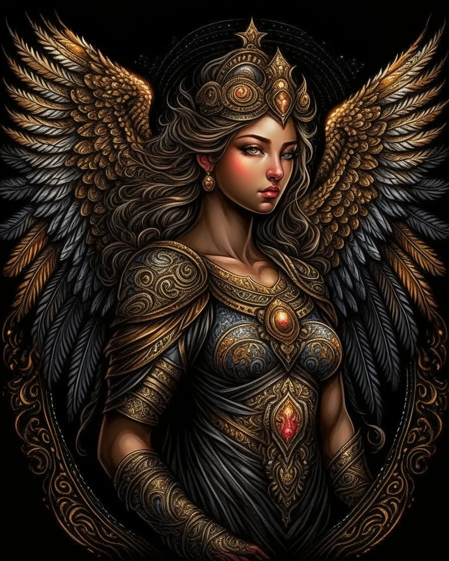 Ornate Angel design, T-Shirt Design, fantasy art, digital painting, clean dark background, 8K, HDR