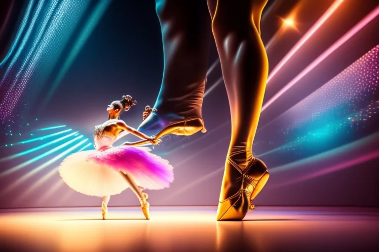 very beautiful a ballet male and female dancers couple in very pretty clothing dancing ,hyper realistic ,disco lights,very luxury dance stage ,with nice light sources and devices in stage, close up,full body show