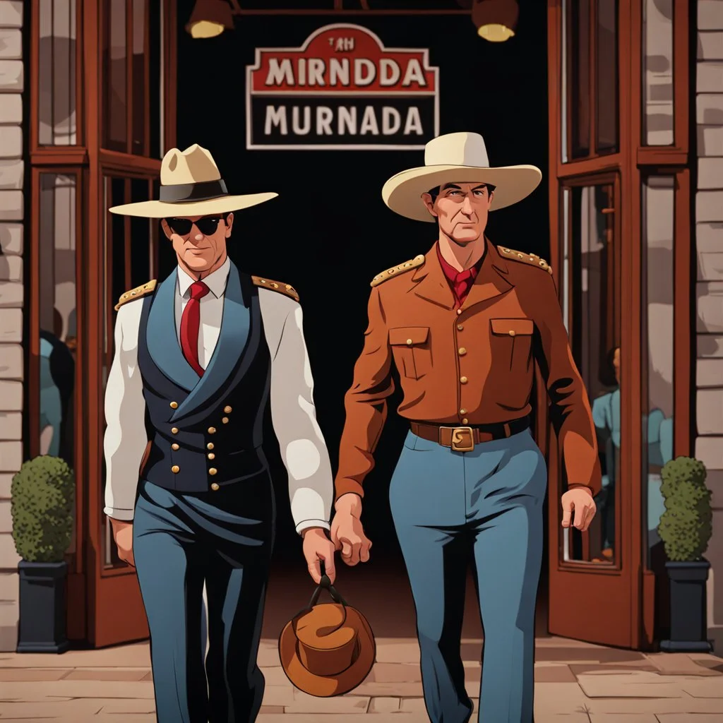 Cartoon of man with a serious hat walking miranda in front 4k