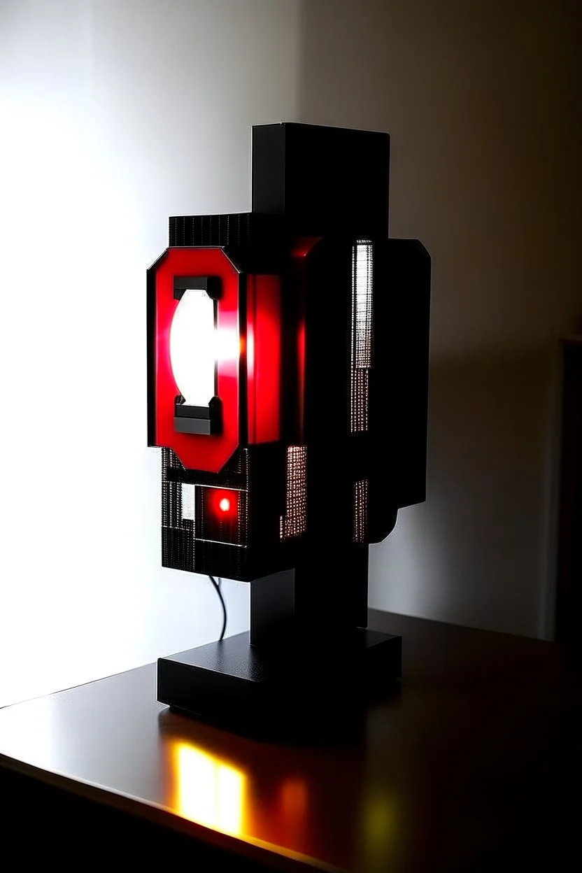 gaming lamp, form inspired by stark tower, architecture form, modern design style and black and red color