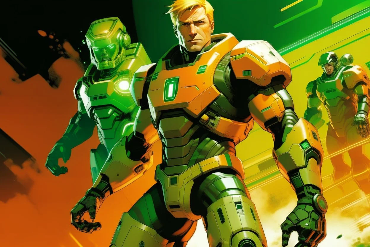 Create a vintage-style sci-fi image featuring a muscular male character with blond hair and a determined expression, dressed in a form-fitting, orange space suit with black belt, standing on a green, disc-shaped spacecraft. In close combat with a large, silver humanoid robot that has visible joint segments, round head, a flat face with two large circular eyes, and a small round mouth. The robot's right hand is raised while its left hand is gripping the protagonist's right forearm. The human char