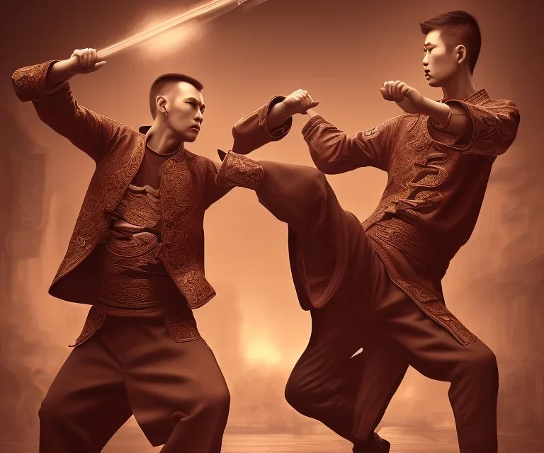 mdjrny-v4 style, twin plain clothed American kung fu artists in Chinatown in a fighting stance, dramatic lighting, epic photo, volumetric lighting, detailed, photo realistic, by drew struzan, blur haze, cinematic