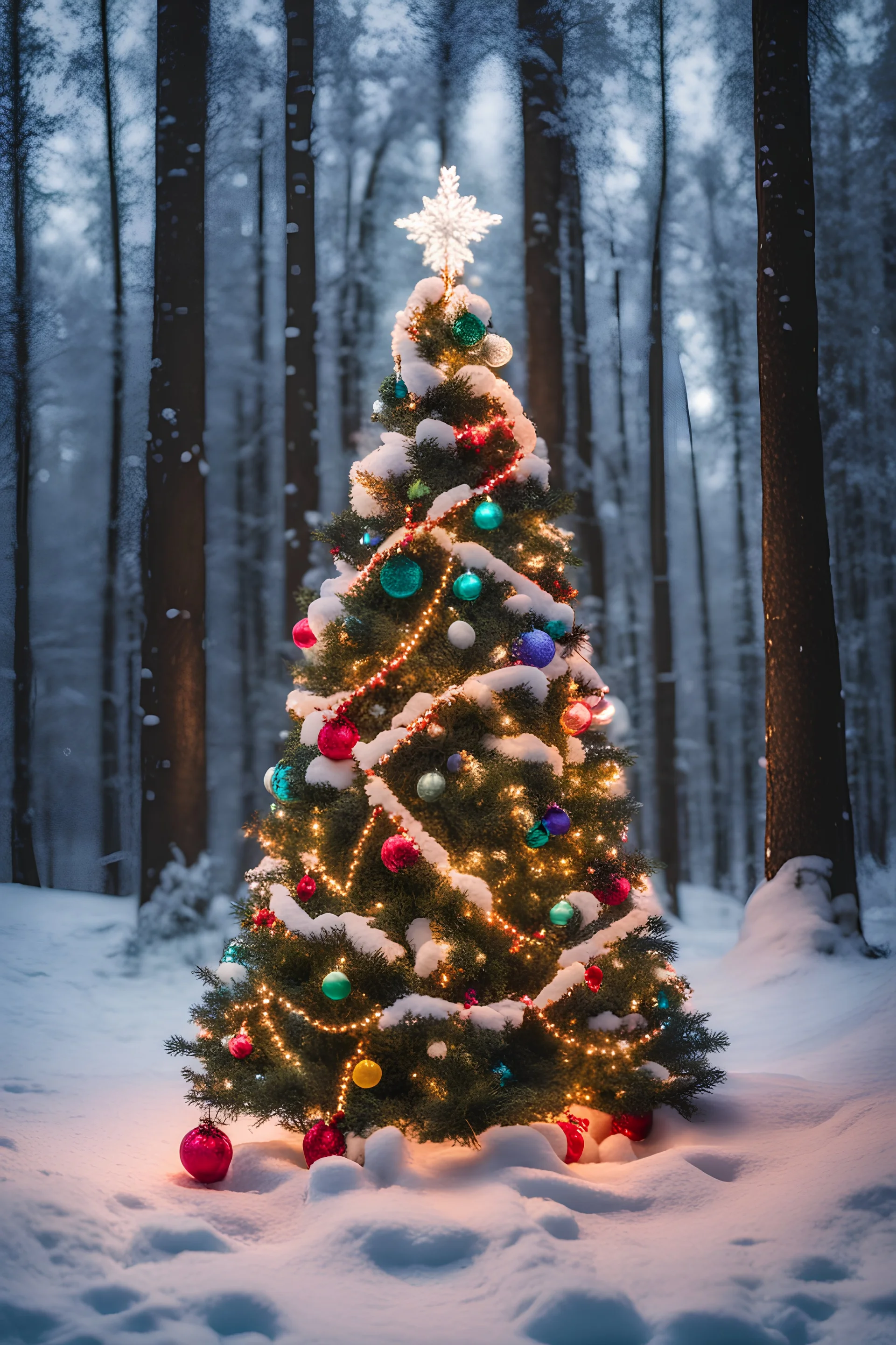 beautiful Christmas tree with colorful garlands stands in the middle of a winter forest, order, festive New Year's atmosphere, snow and numbers 24