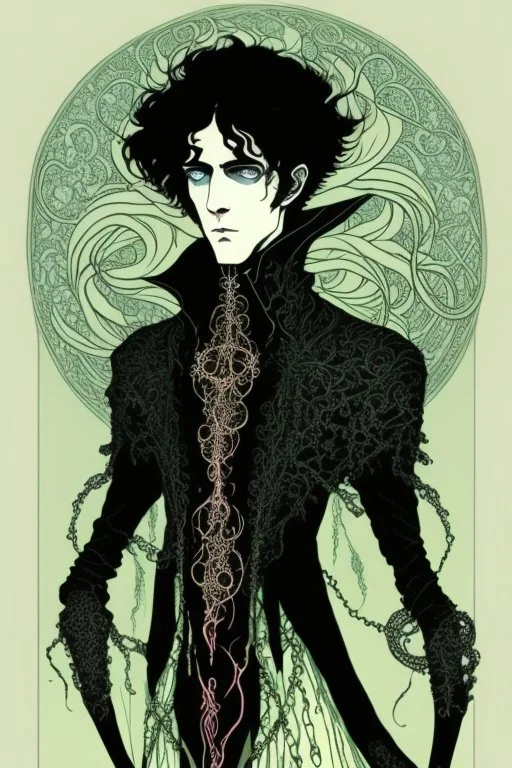 black haired young man necromancer wizard with gothic jewelry and tentacle fingers in the style of Harry Clarke