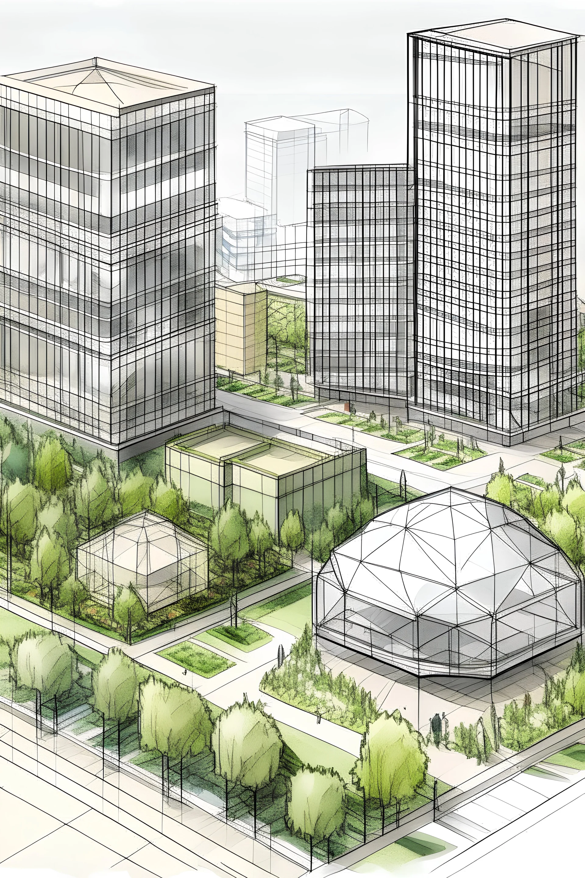 Simple sketch rendering and urban park rendering with three small pentagonal one-story glass buildings