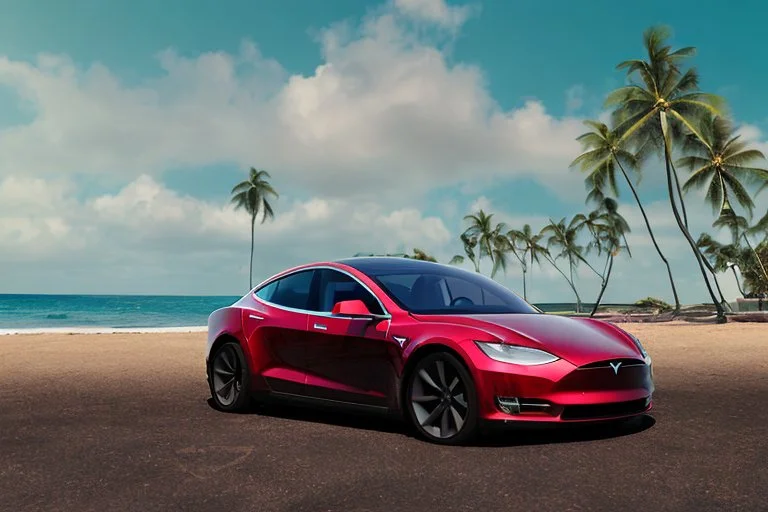 A Tesla 'Model 3' is drifting at top speed, at the beach of Waikiki in Hawaii. CINEMATIC. WIDE ANGLE LENS. PHOTO REAL.