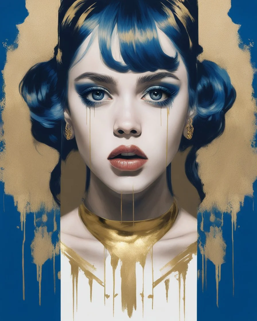 Poster in two gradually, a one side the Singer Danish MØ face, and other side the Singer Melanie Martinez face, symmetry, painting by Yoji Shinkawa, darkblue and gold tones,