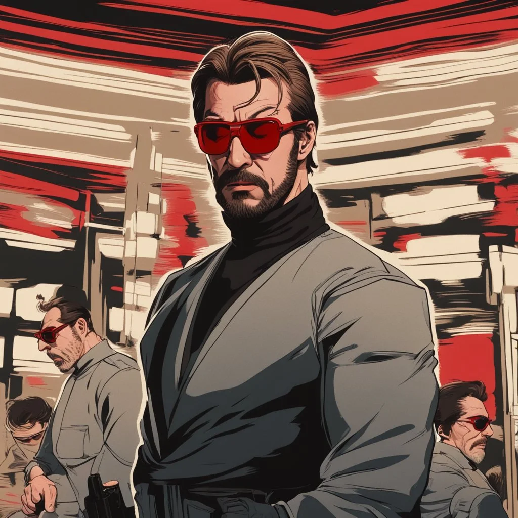 a young man with big muscles who looks like hans gruber wearing a turtleneck and red sunglasses staring with an angry look on his face