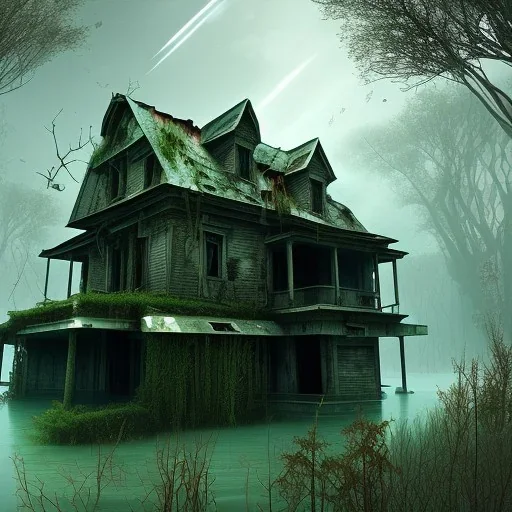 Abandoned house, overgrown, partially submerged,Interior, water inside