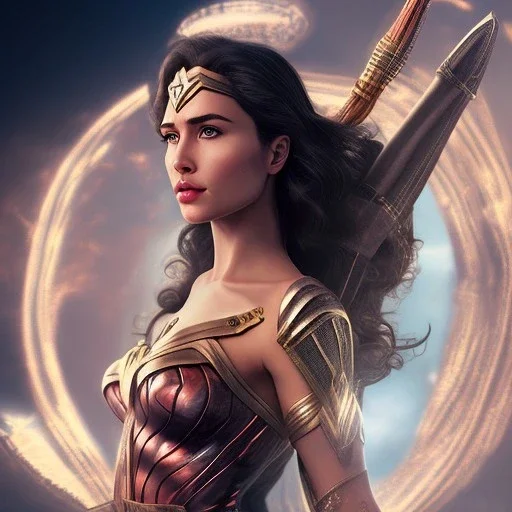 Wonder woman posing in front of a mirror holding a large sword, futuristic design, a paradise in background, close-up face, geometric armor, female face, 3d unreal engine, black face, close up armor, church detail, lovely face