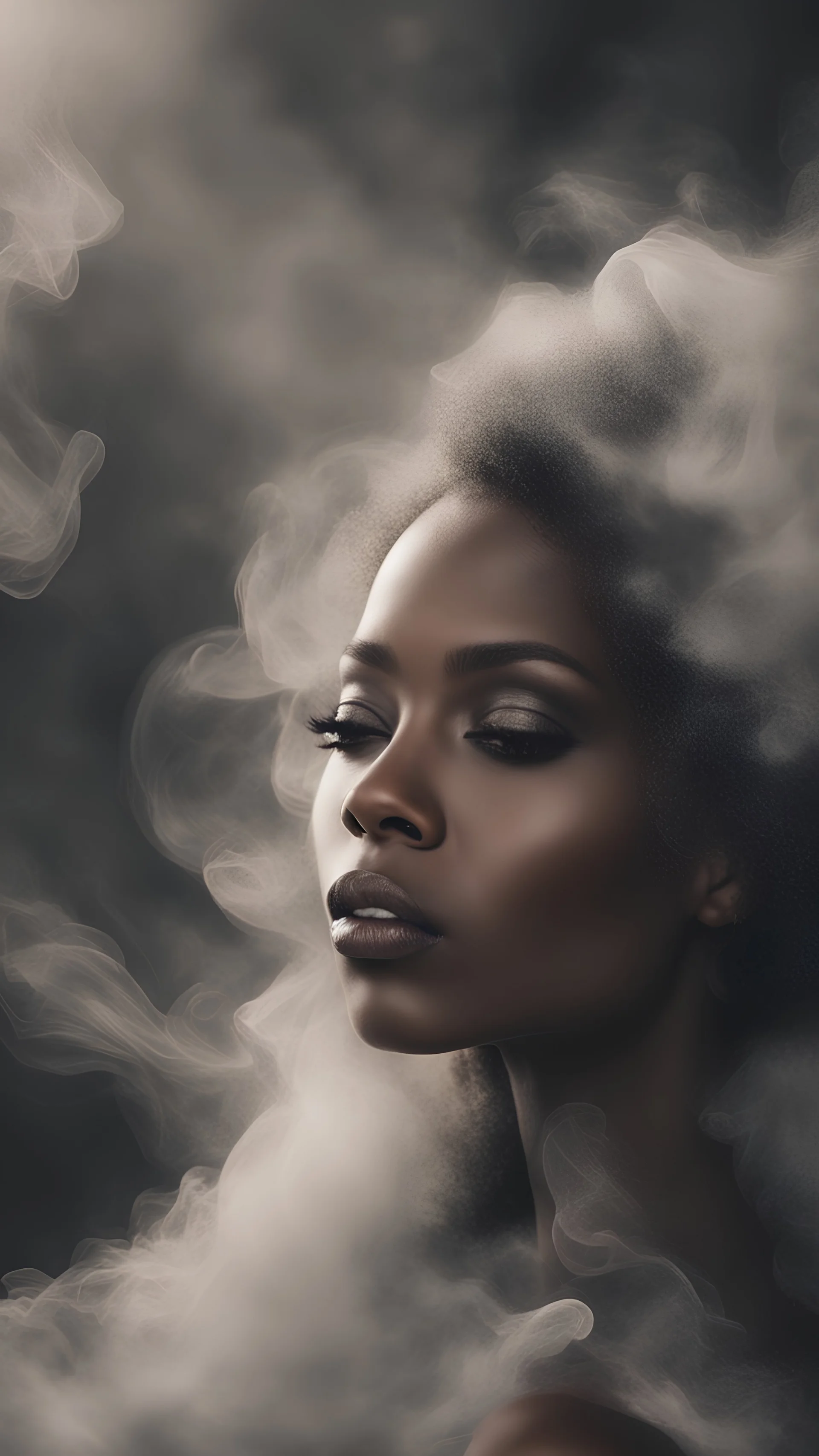 beautiful black women in white Smokey ethereal, heavenly background