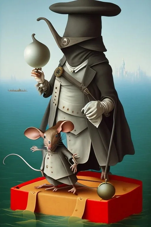 The Plague Doctor and a Mouse happily lost down the river attracted by mutual appreciation of their artistic desires in Balloon world, art by Magritte