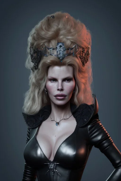 Kim Basinger as evil queen in black leather, busty, cleavage, curvy, angry, stern look. character design by cory loftis, fenghua zhong, ryohei hase, ismail inceoglu and ruan jia. unreal engine 5, artistic lighting, highly detailed, photorealistic, fantasy