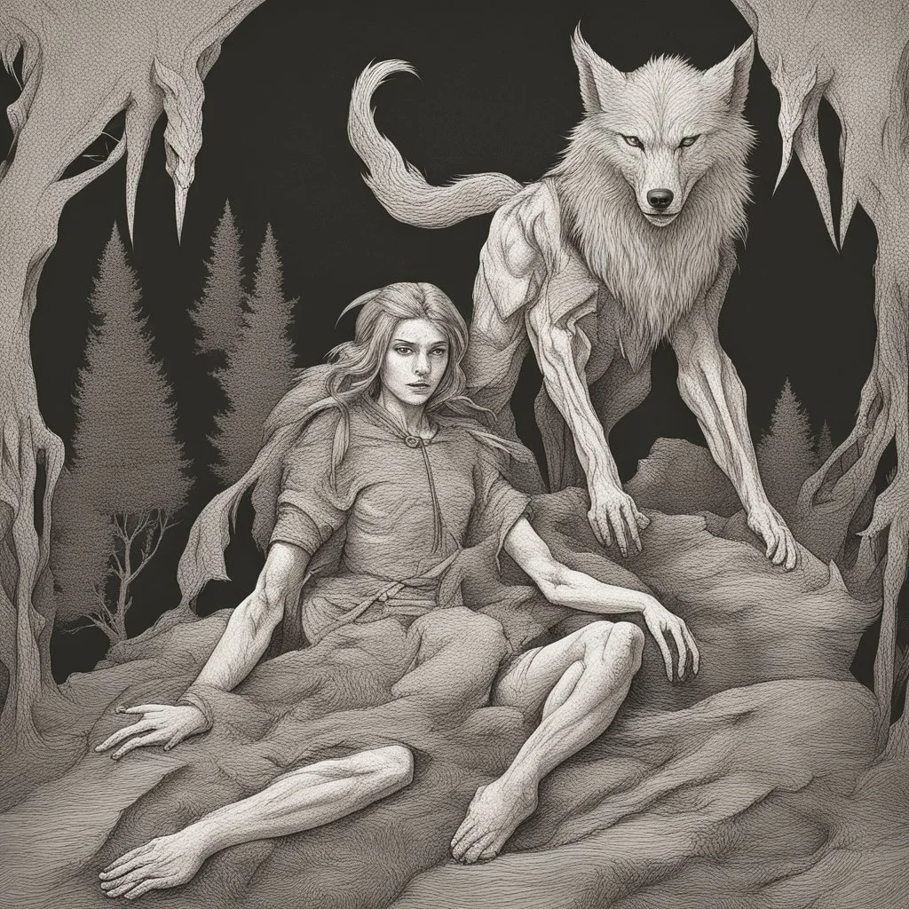 A terrible creature with a wolf's head and a human body