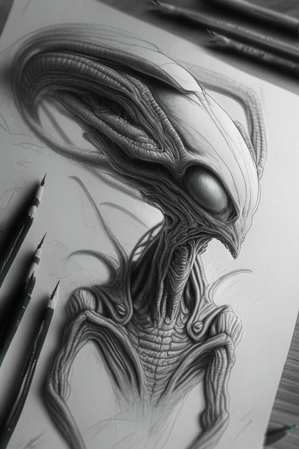 Alien drawing on paper ,highly detailed, artstation, sharp focus,4k