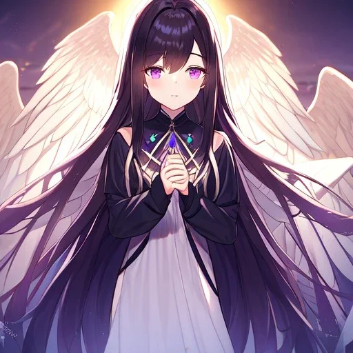 Clear focus,High resolution, Black long straight hair, Long bangs, and purple eyes, wearing a Angel outfit, Angel woman, hands in a praying pose, eyes closed