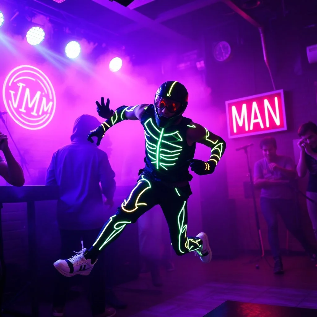 An "RUNNING MAN" performing at dance club, his name is "RUNNING MAN" and looks crazy, looks very aggressive look, Neon lights and smog, "RUNNING MAN" SIGN ON WALL