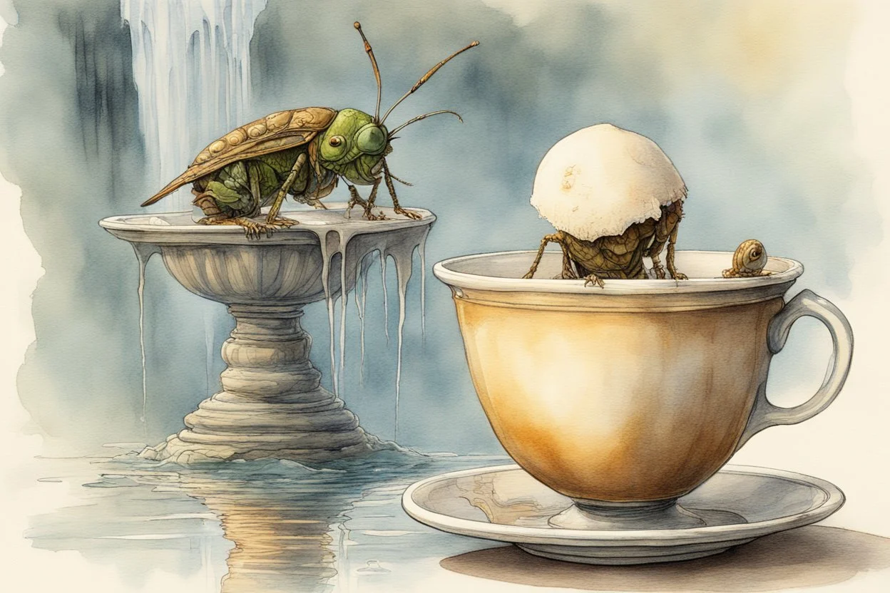 a cup of icecream, by Jean-Baptiste Monge, double exposure Grasshopper, waterfall, reflection, sunrise, Misty morning smooth intricate high definition beautiful lighting pencil sketch watercolor polished warm light LNF S<AI watercolor and ink, intricate details, fantasy, beautiful, award winning, colorful, fantastic view, crisp quality, in sunshine