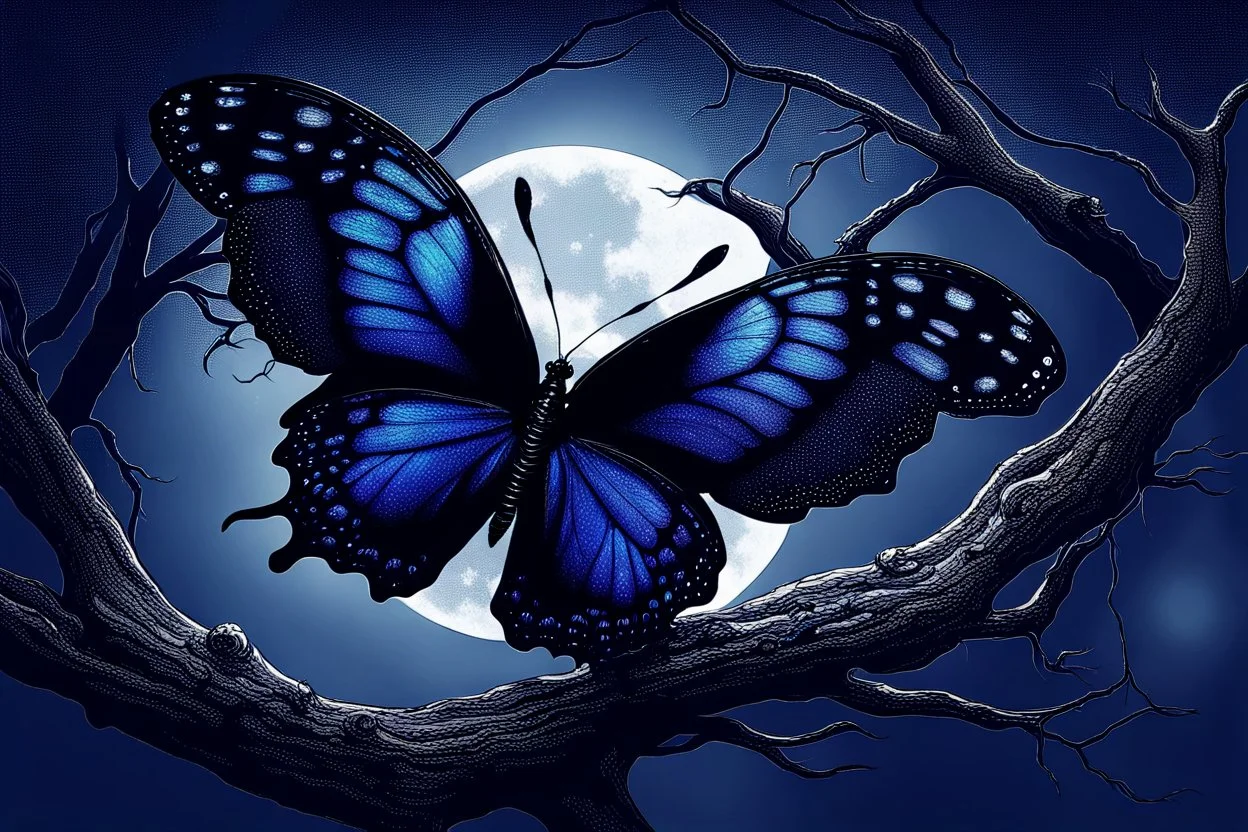 a dark gothic butterfly with black velvet wings landing on an old tree's dry branch, around silver glitters, mystic mood, dark blue night, pale light, stunning masterpeace illustration