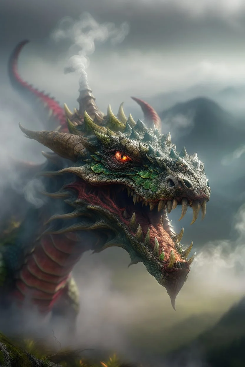 portrait of dragon laughing blowing some smoke rings on heroes at mountain top, storm brewing,shot on Hasselblad h6d-400c, zeiss prime lens, bokeh like f/0.8, tilt-shift lens 8k, high detail, smooth render, down-light, unreal engine, prize winning