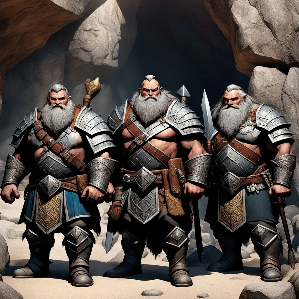 The sturdy Dwarves in front of the cave, with their characteristic proud, stout physiques, wear ornate, battle-worn armor adorned with bold, geometric patterns, and wield mighty axes, hammers, and swords. Their facial features are strong, with prominent beards, bushy eyebrows, and piercing, gemstone-like eyes. We Were Born Ready