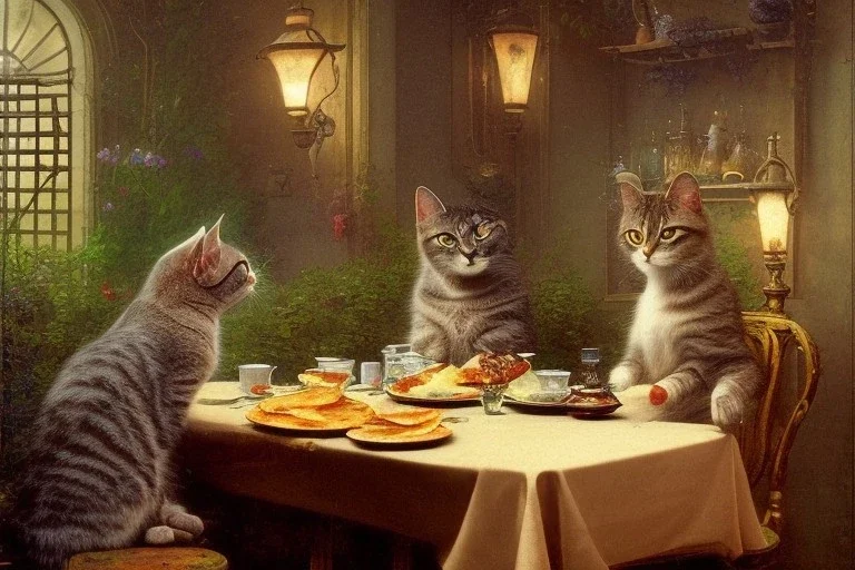 Two cats are having breakfast sitting at a table, perfect iris, Painting like John Atkinson grimshaw