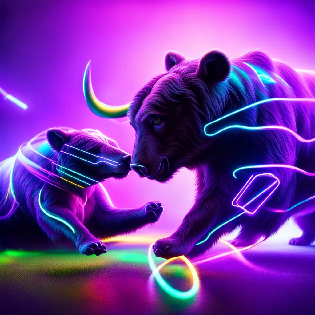 brightly coloured 3D infinity symbol ∞, futuristic, bull attacking and beating a bear in a fight, DSLR with a 80mm lens, set to f/16 and a slow shutter speed of 1/15s, striking, neon, vibrant, chiaroscuro, dramatic, captivating, high-tech, powerful, fantasy, beautiful, octane render, 16k post-production, artstation: award-winning: atmospheric: commanding: fantastical: clarity: ultra quality: striking: brilliance: stunning colors: amazing depth; lens: f/11, 35mm