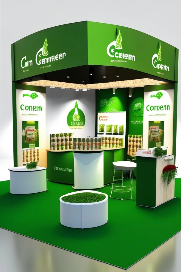 Corner green exhibition stand of a food company with product displays and a meeting area