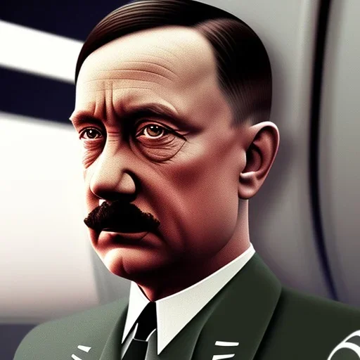 Portrait of hitler sitting in a train watching TV photorealistic 8k highdetail polycolours