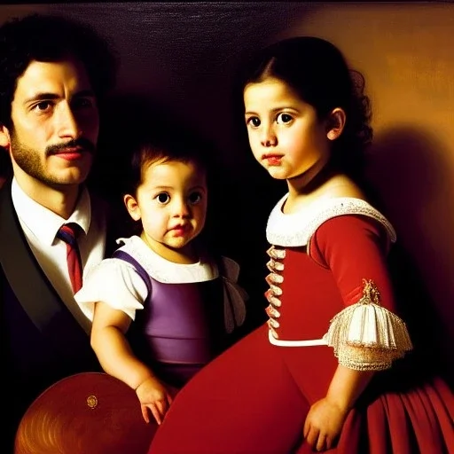 portrait of Jacobo Santiago Mozos born in 1976 and Gemma Arnau Arnau born in 1979,and daughters Eira Santiago Arnau and Dalia Santiago Arnau by Caravaggio,smiling, oil on canvas, cinematic composition, extreme detail,8k,fit full head inside picture,